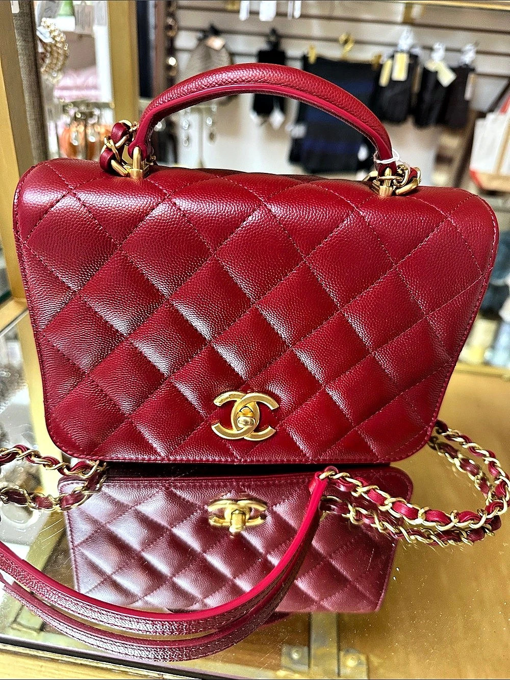 Chanel Small Flap Bag with Top Handle Red Caviar Gold Hardware in Red